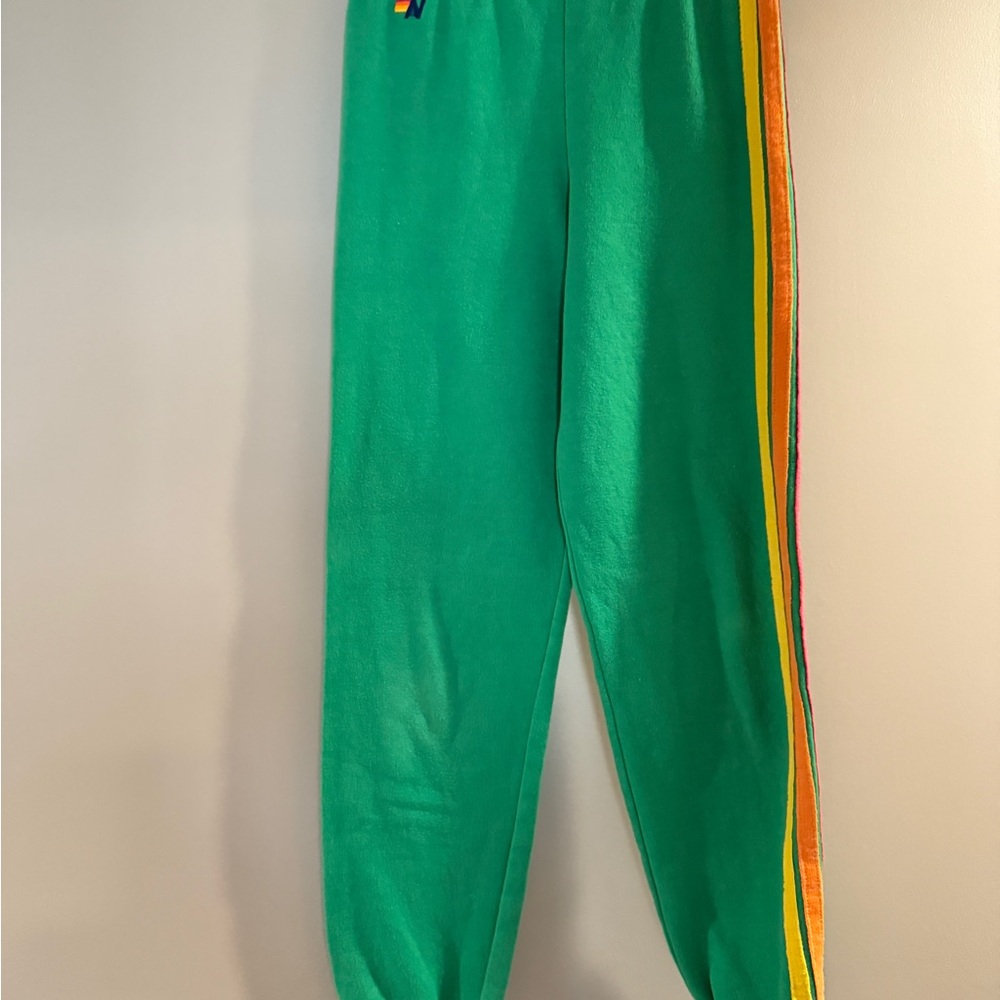 Aviator Nation Kids Green Sweatpants with Rainbow Side Stripe